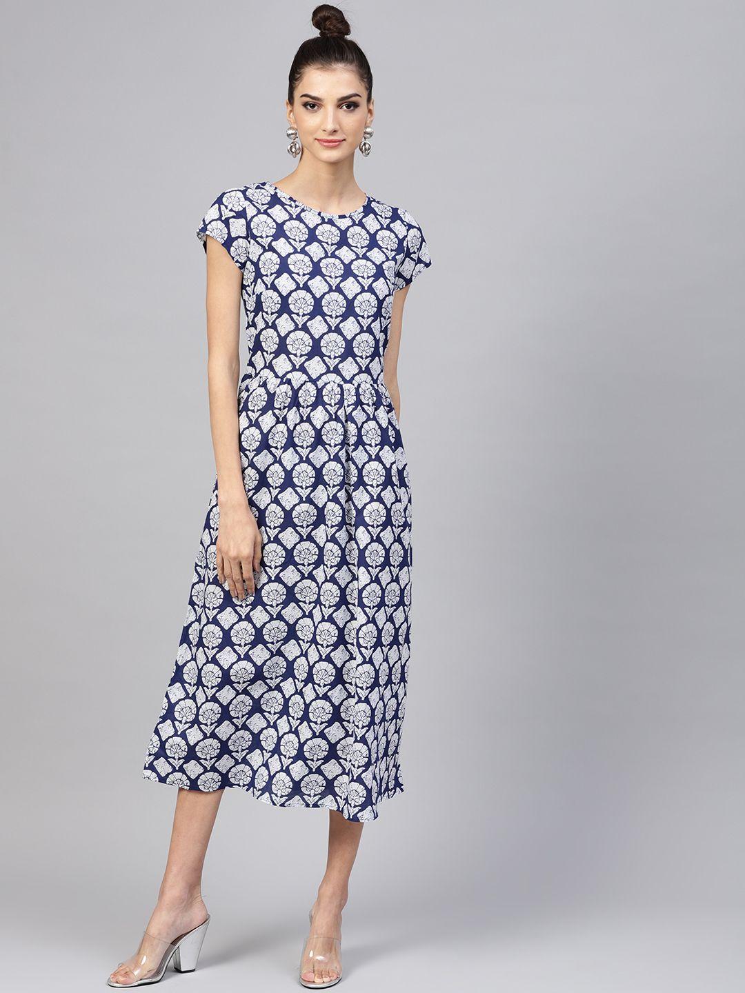 popnetic women navy blue & white printed a-line dress