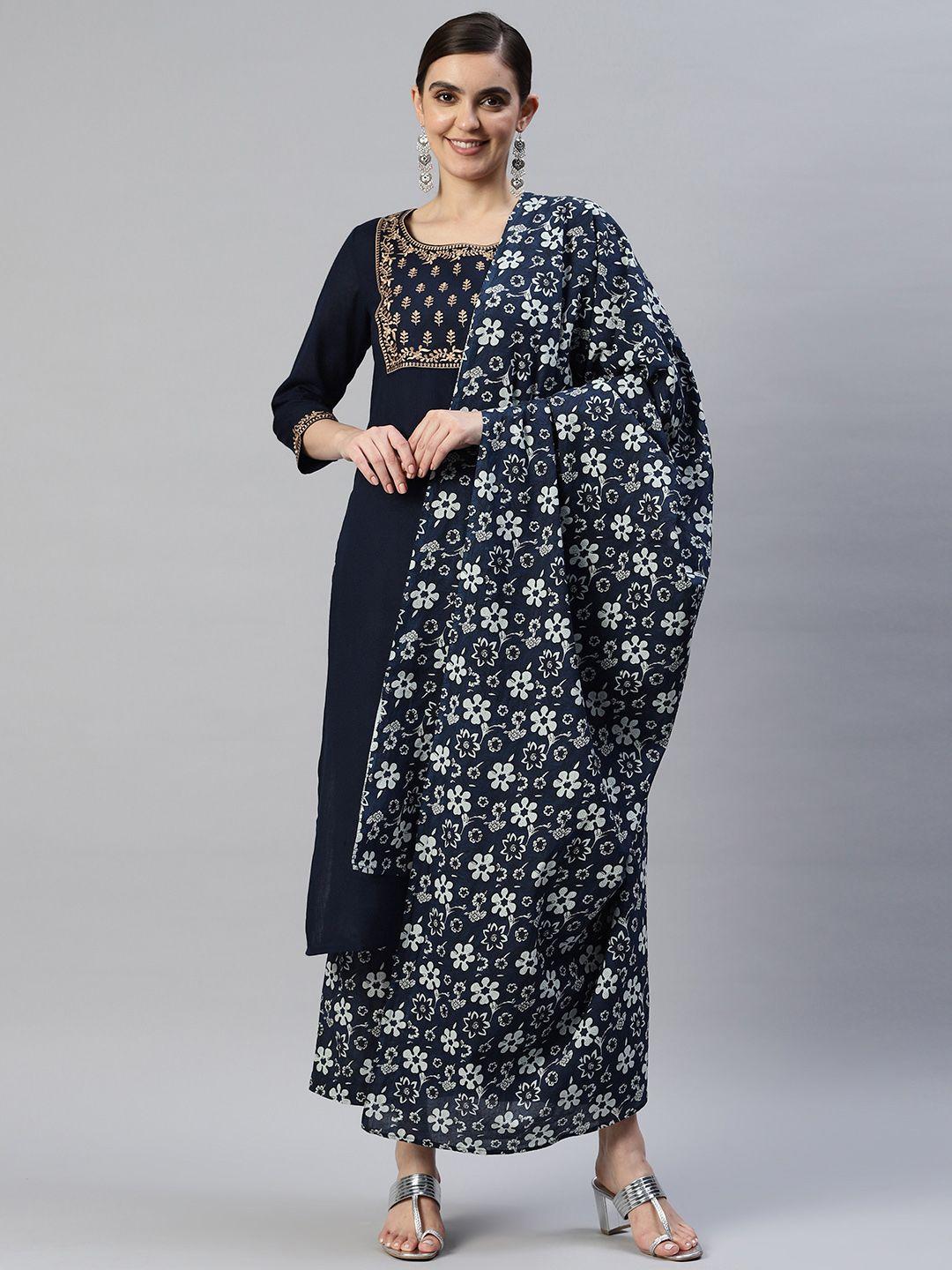 popnetic women navy blue floral yoke design kurta with palazzos & with dupatta