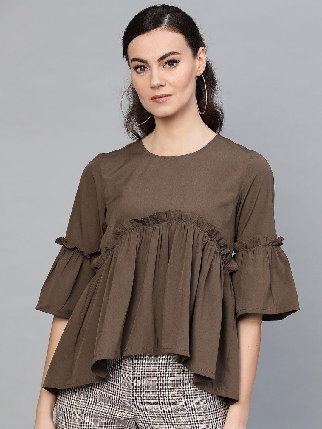 popnetic women olive brown solid a-line top