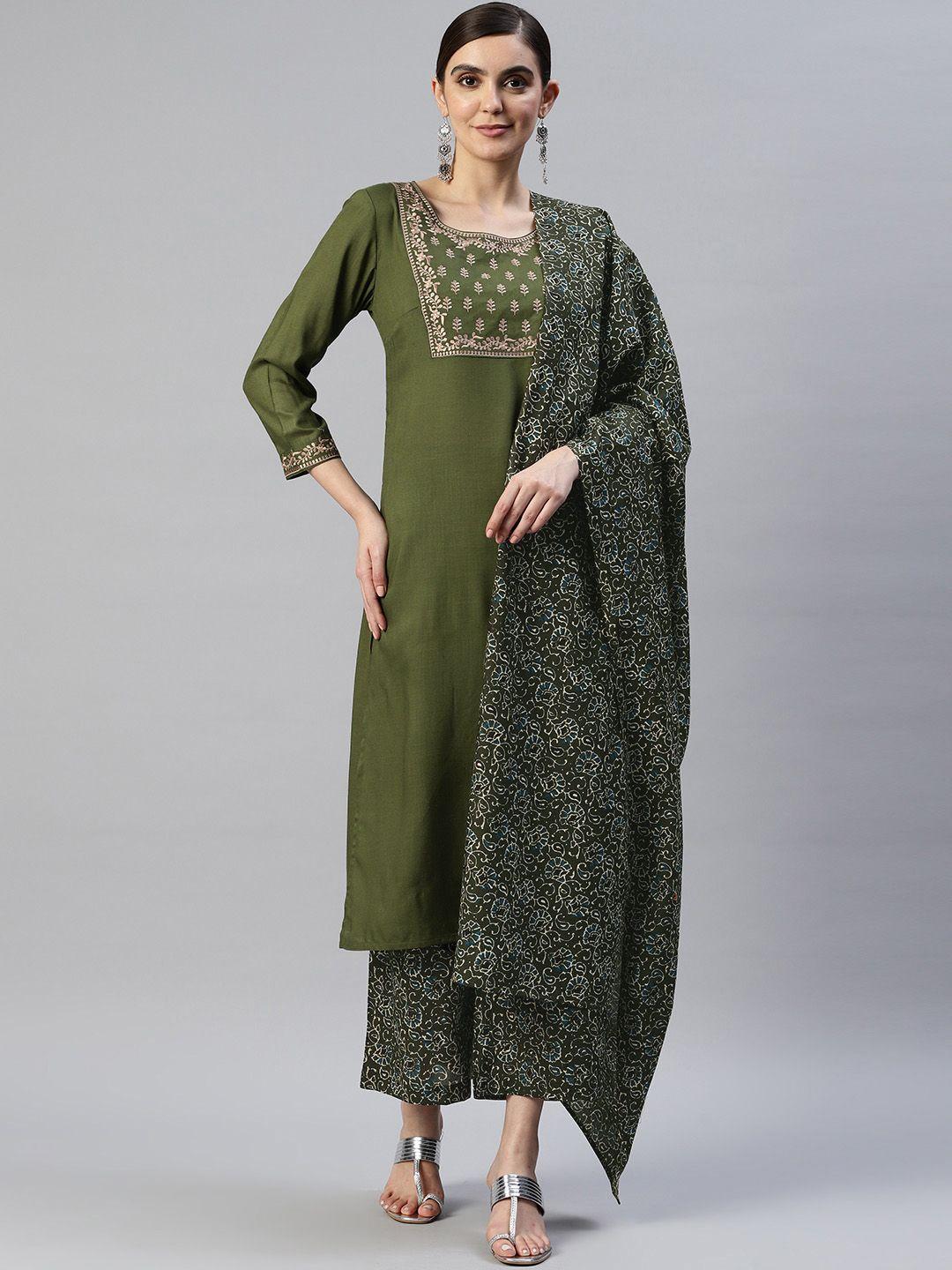popnetic women olive green floral yoke design kurta with palazzos & with dupatta