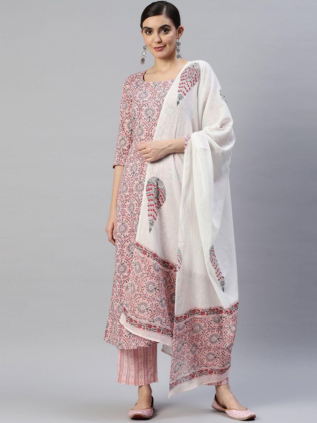 popnetic women pink ethnic motifs printed pure cotton kurta with trousers & with dupatta