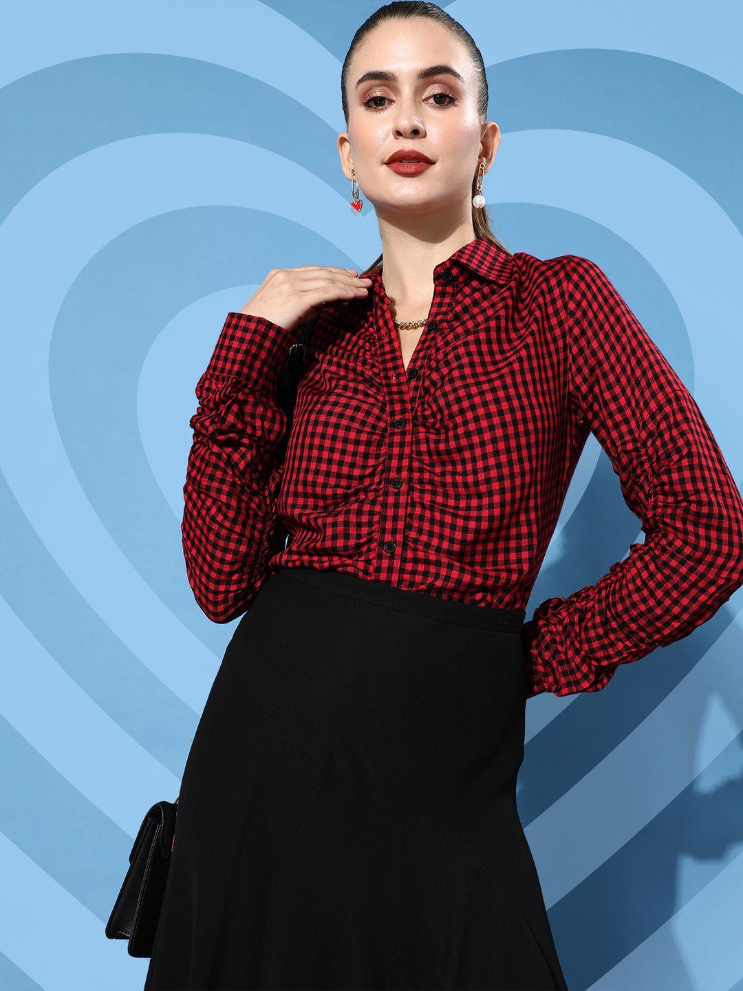 popnetic women red gingham checked shirt