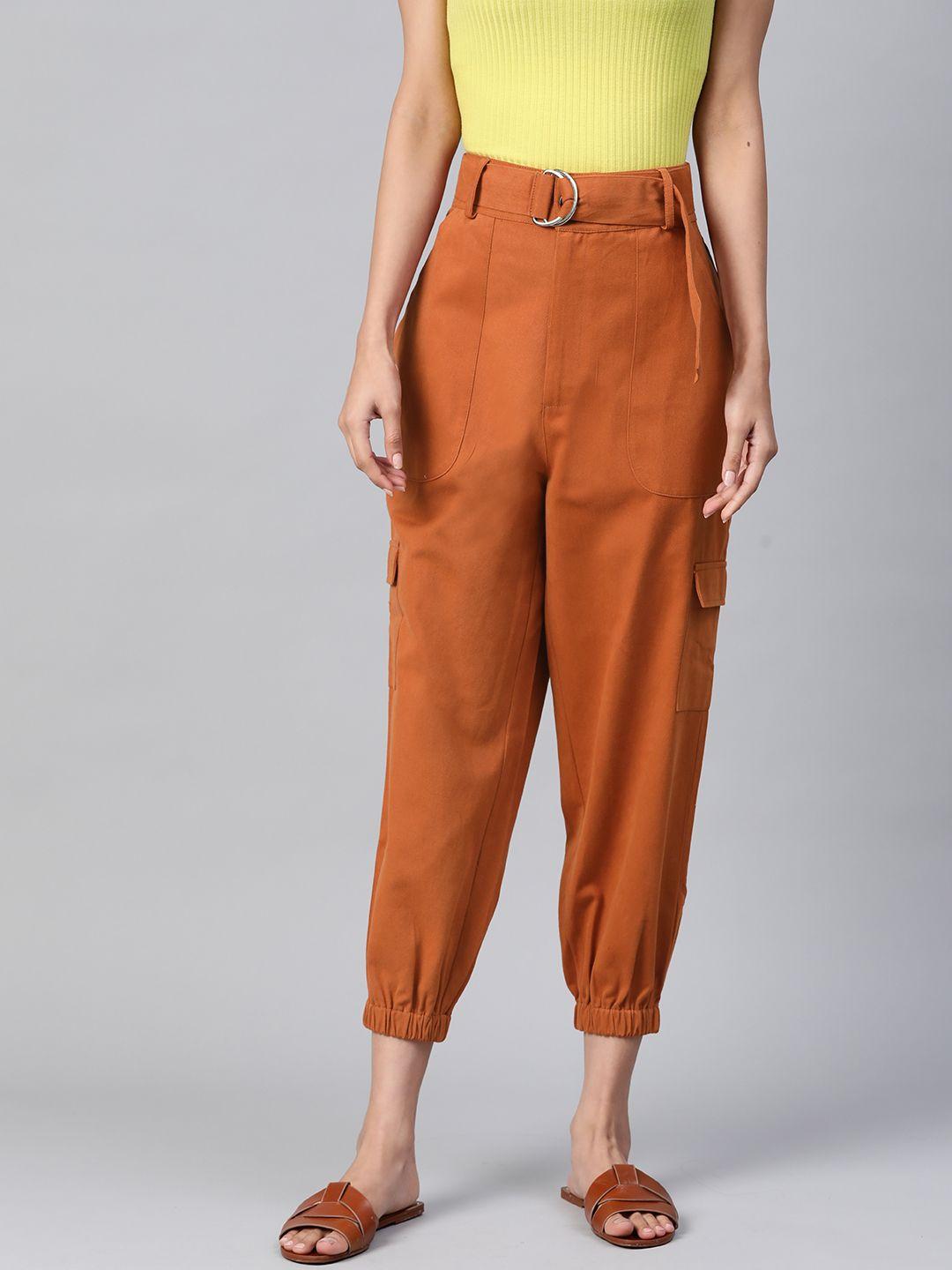 popnetic women rust orange cotton cropped cargo joggers