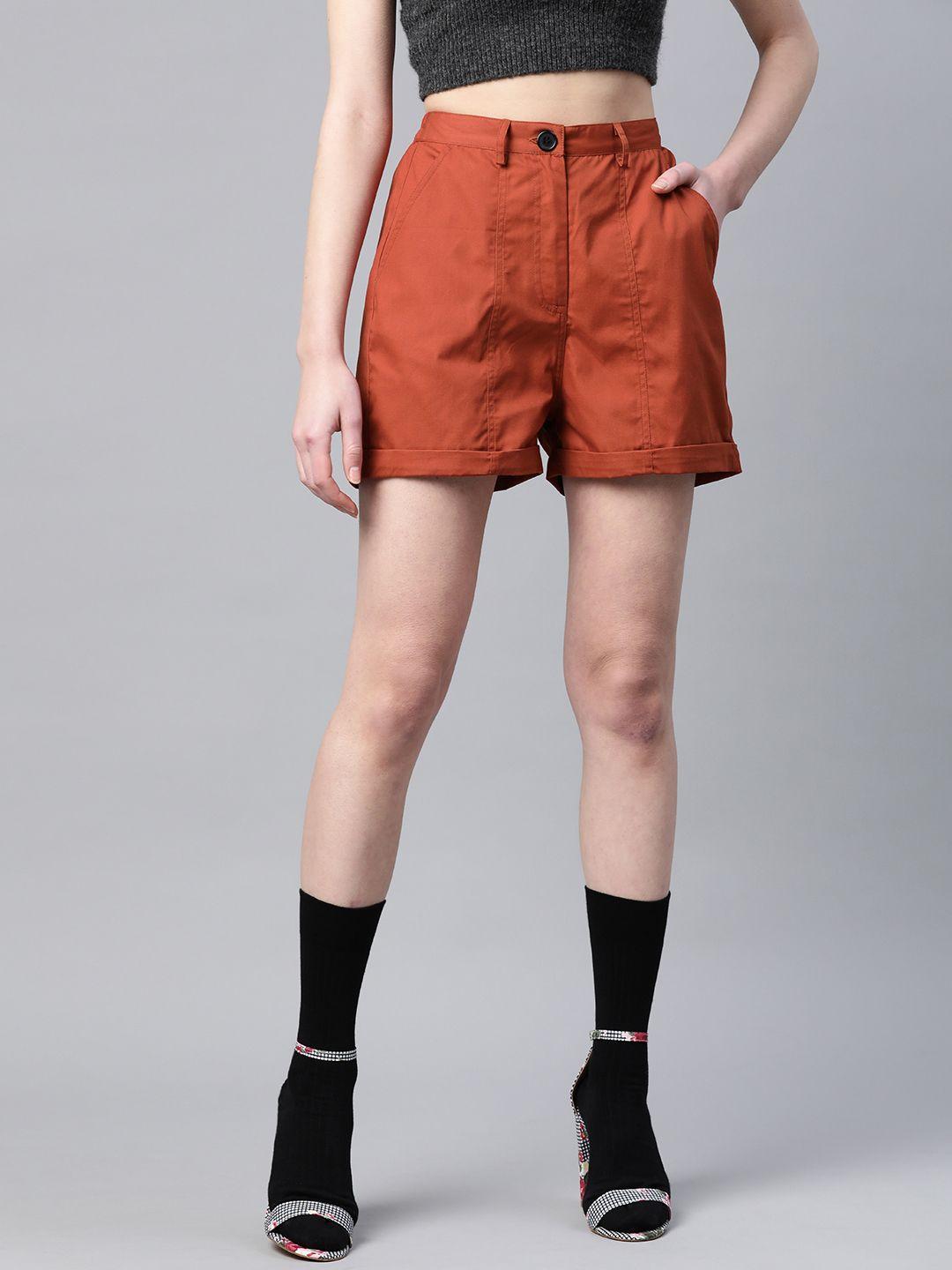 popnetic women rust orange solid regular fit pure cotton shorts