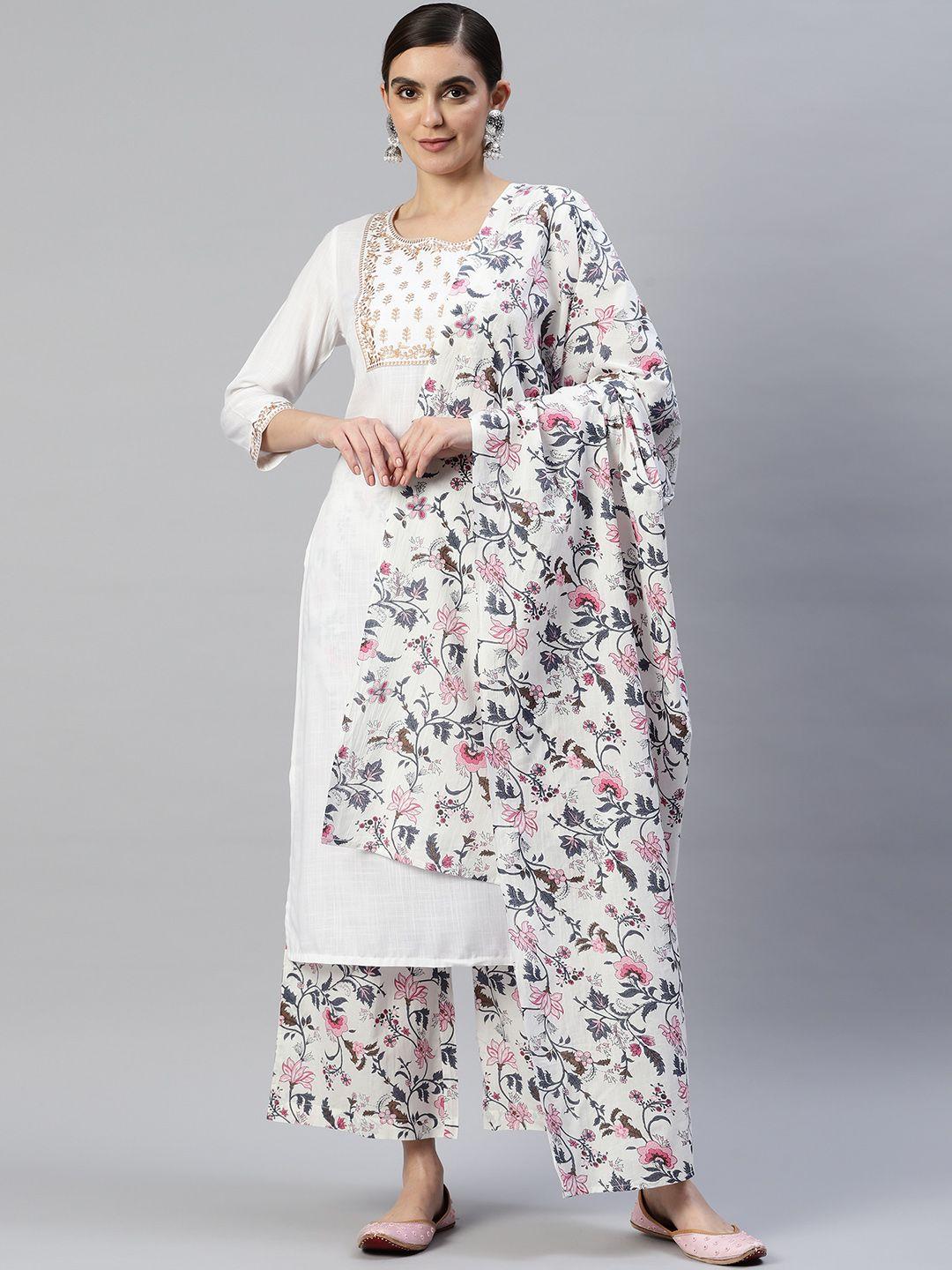 popnetic women white ethnic motifs yoke design kurta with palazzos & with dupatta