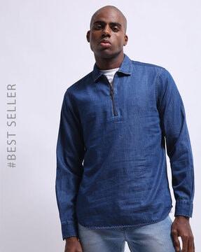 popover slim fit shirt with short zip pocket