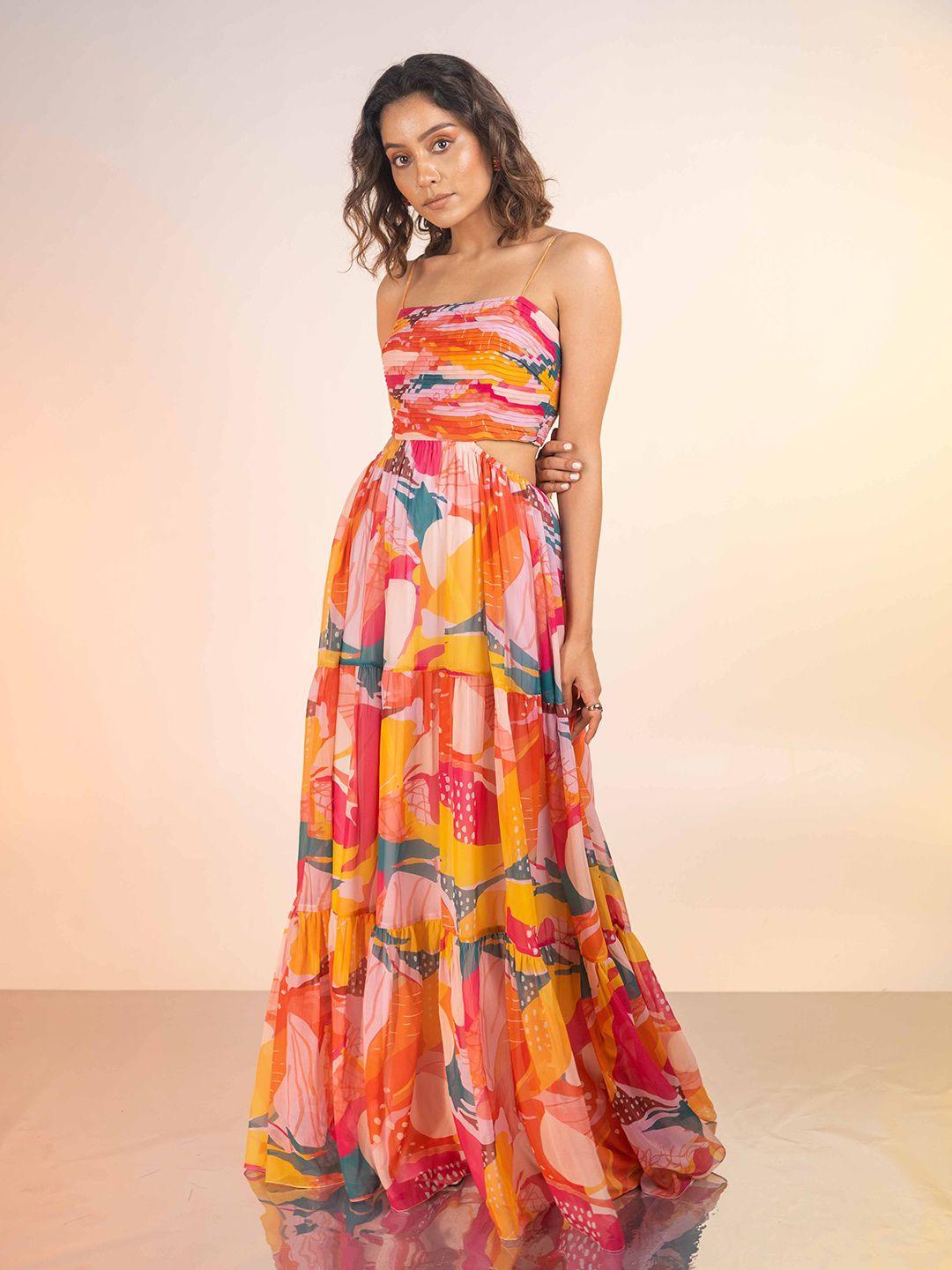 poppi abstract printed shoulder straps tiered fit & flare maxi dress