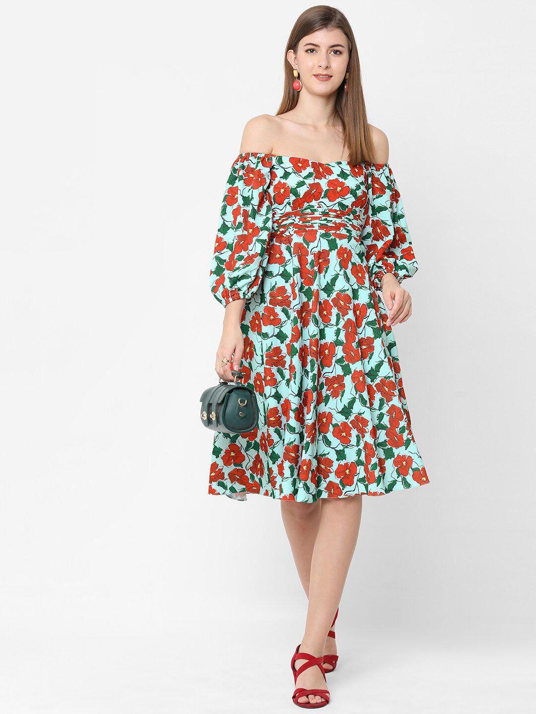 poppi blue & red floral printed off-shoulder dress