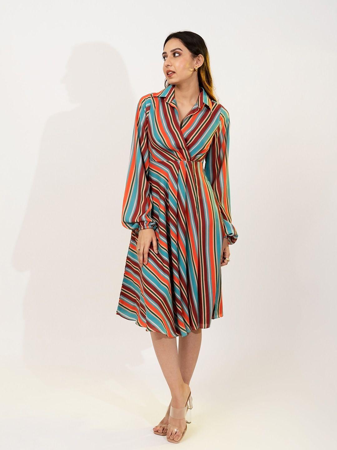 poppi striped shirt collar fit & flare midi dress