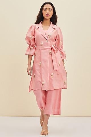 poppy pink hand embroidered tunic set