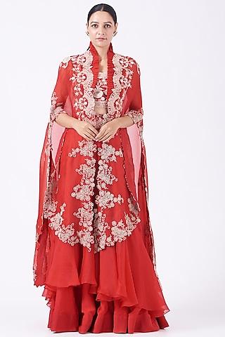 poppy red embroidered butterfly cape set