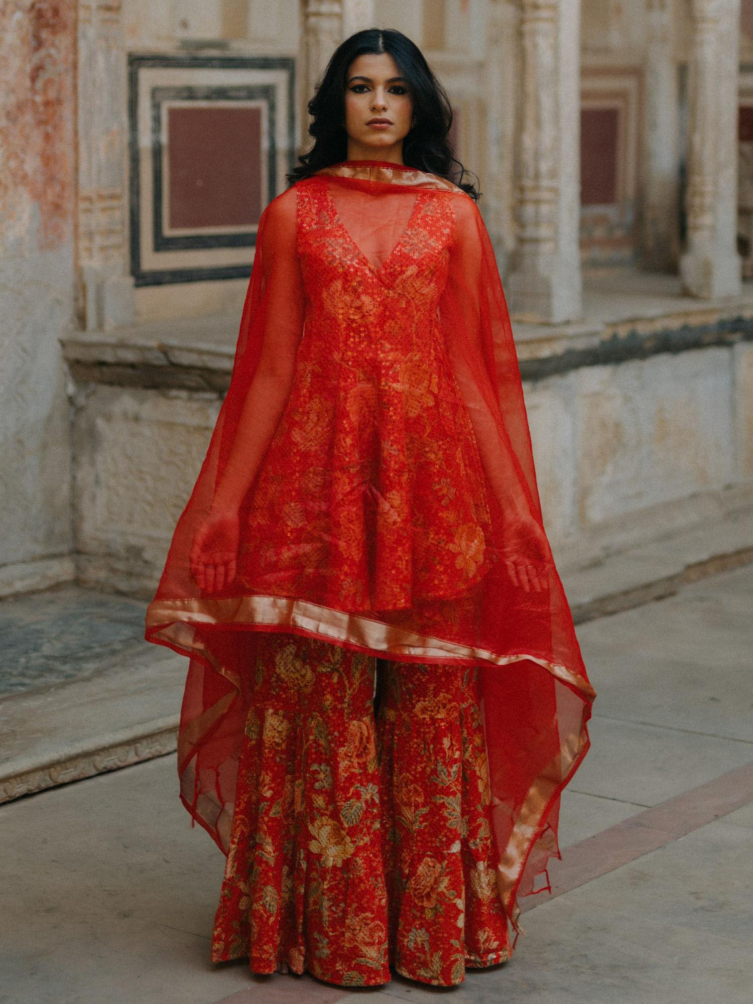 poppy red embroidered sharara suit with organza dupatta (set of 3)