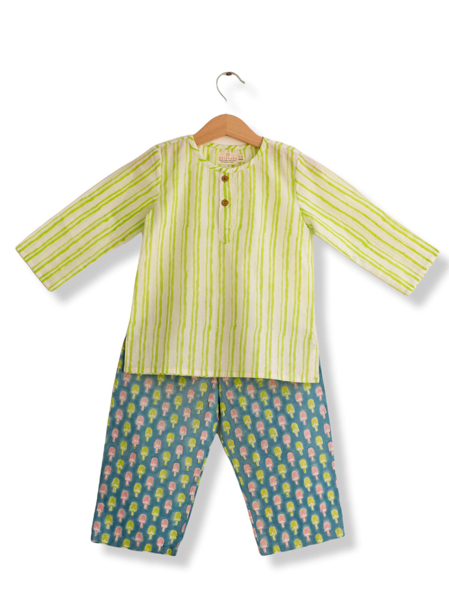 popsicles and stripes organic cotton pyjama set-green,blue (set of 2)