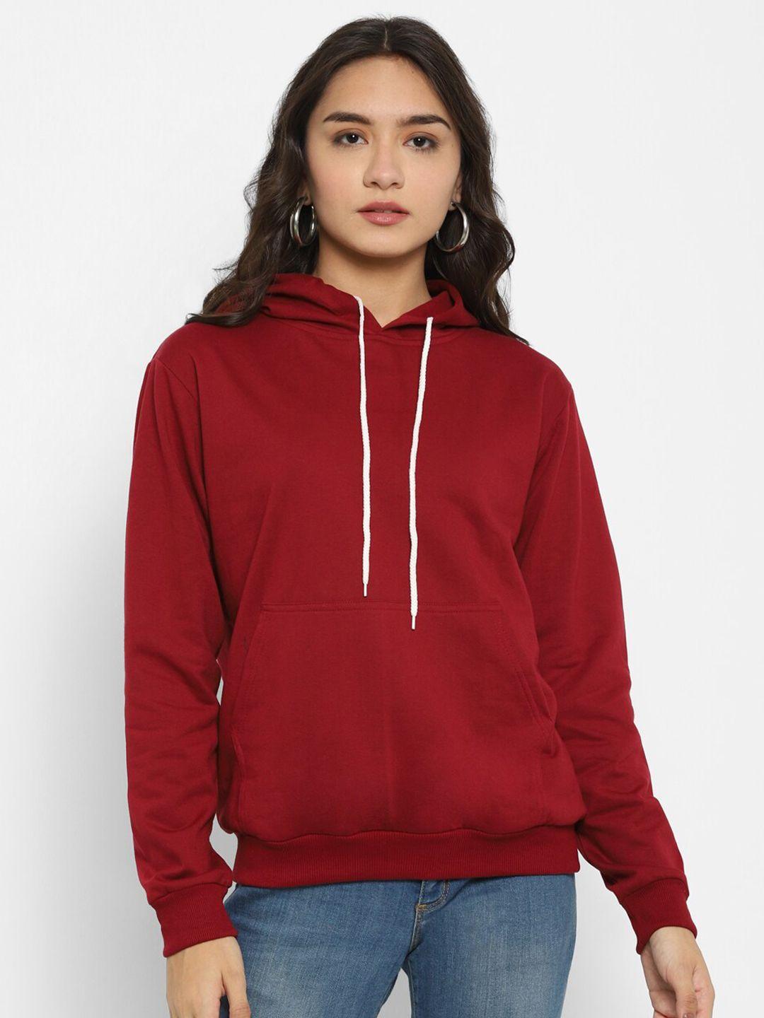 popster women maroon solid hooded sweatshirt