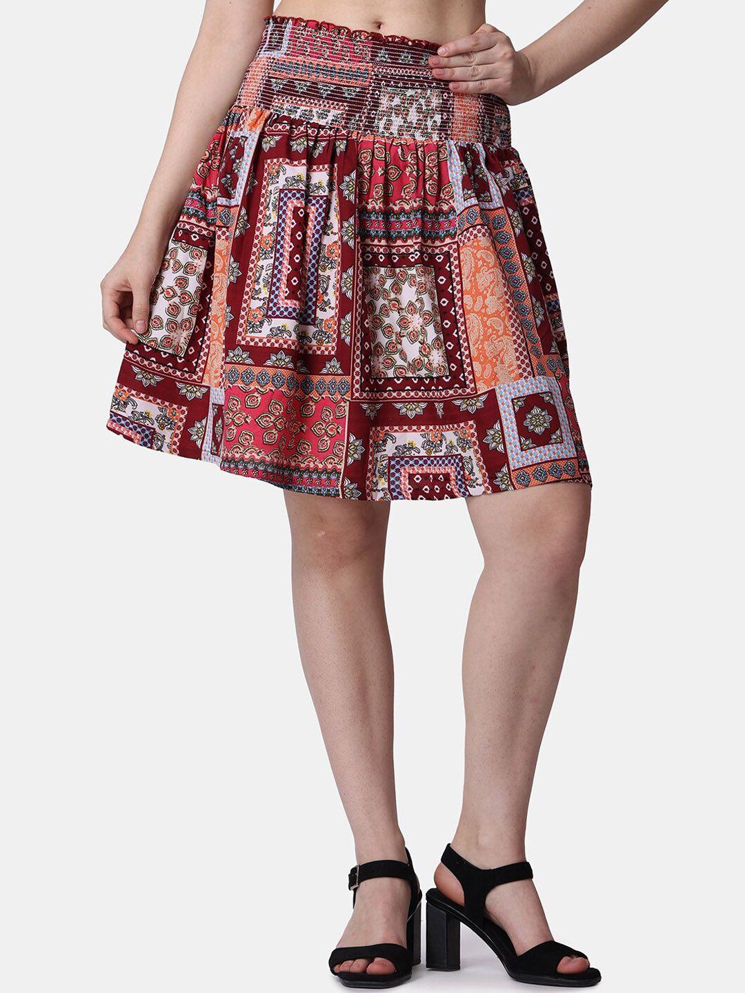 popwings bohemian printed smocked flared knee length skirt