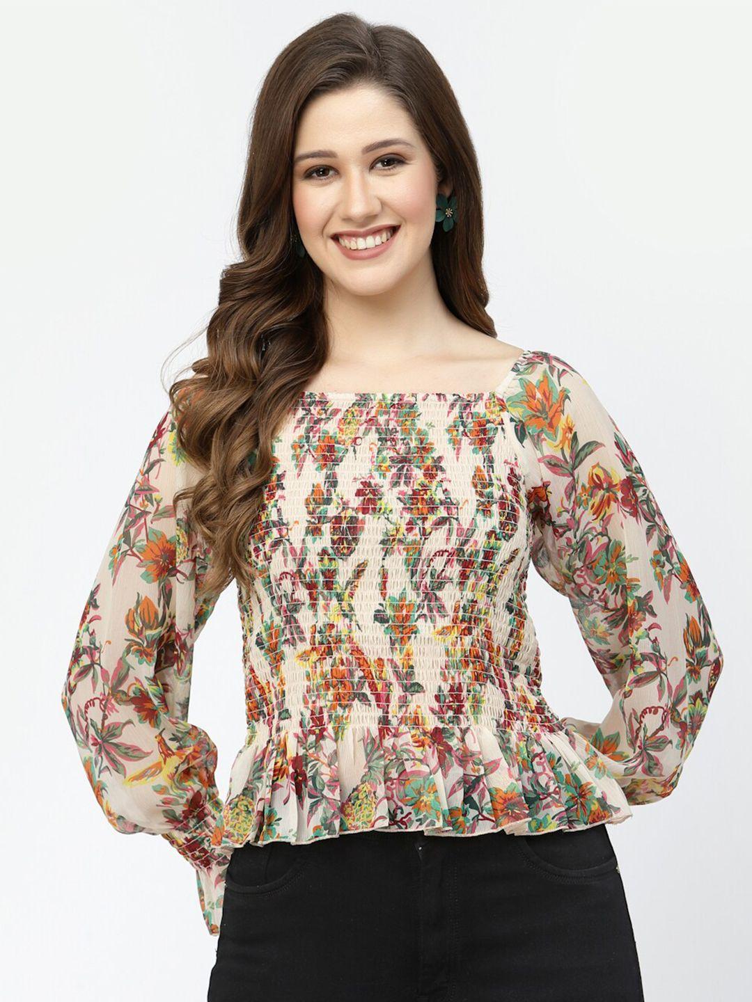 popwings floral printed puff sleeves chiffon cinched waist top