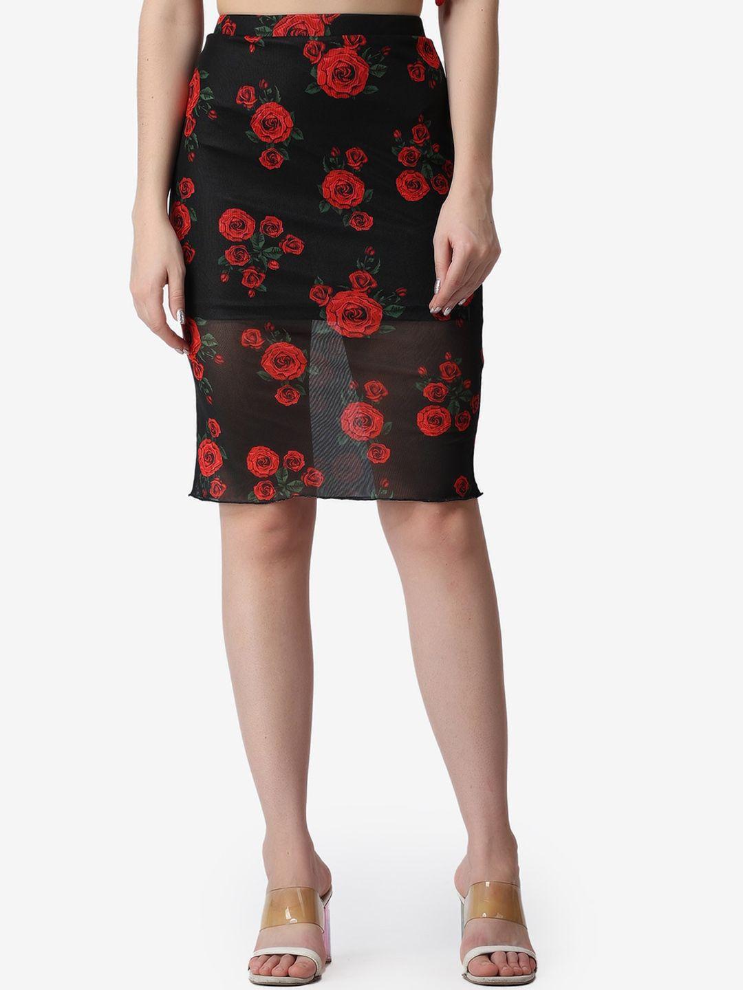 popwings women black & red floral printed knee length pencil skirt