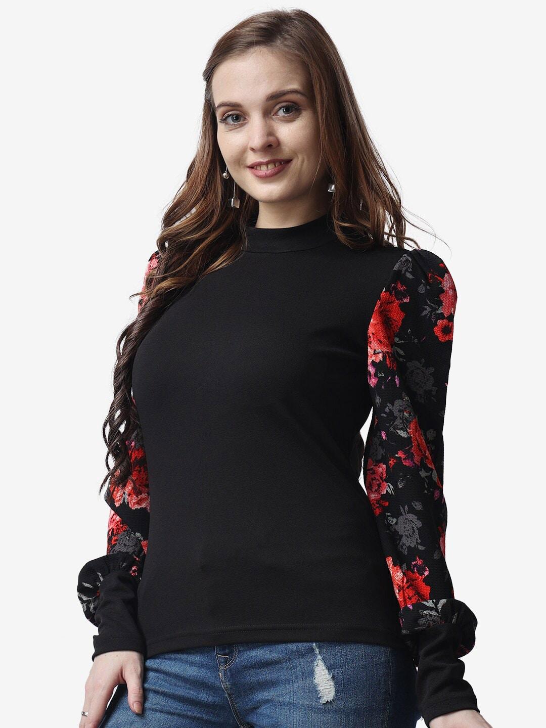 popwings women black & red high neck floral print top