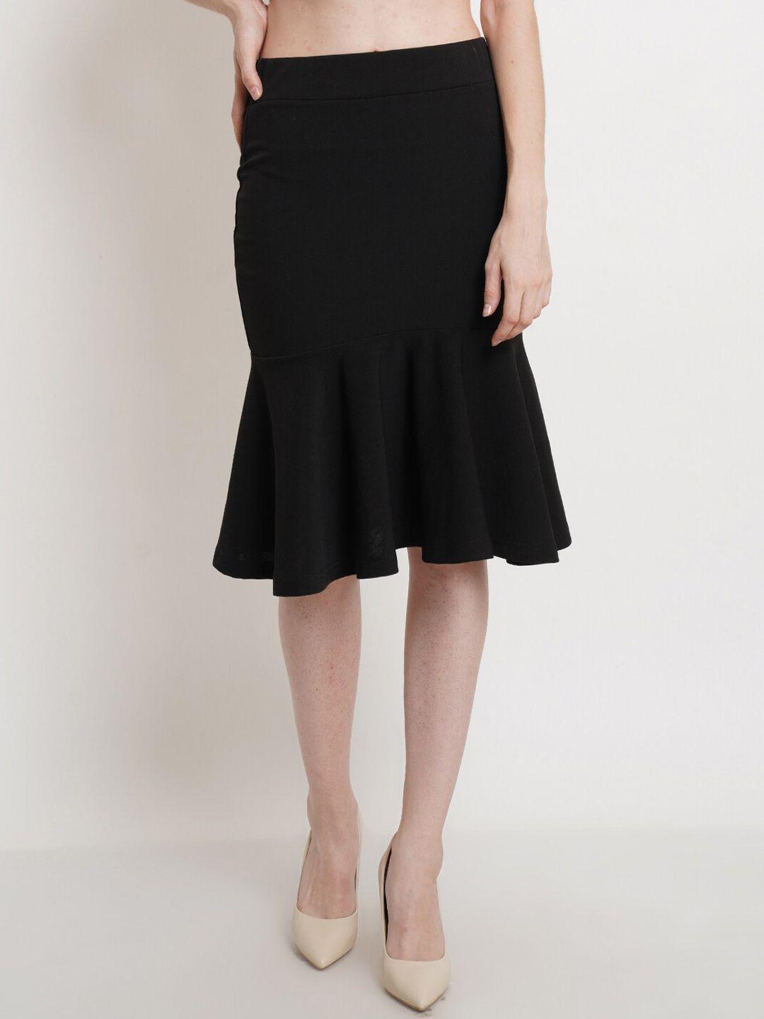 popwings women black solid knee length peplum skirts
