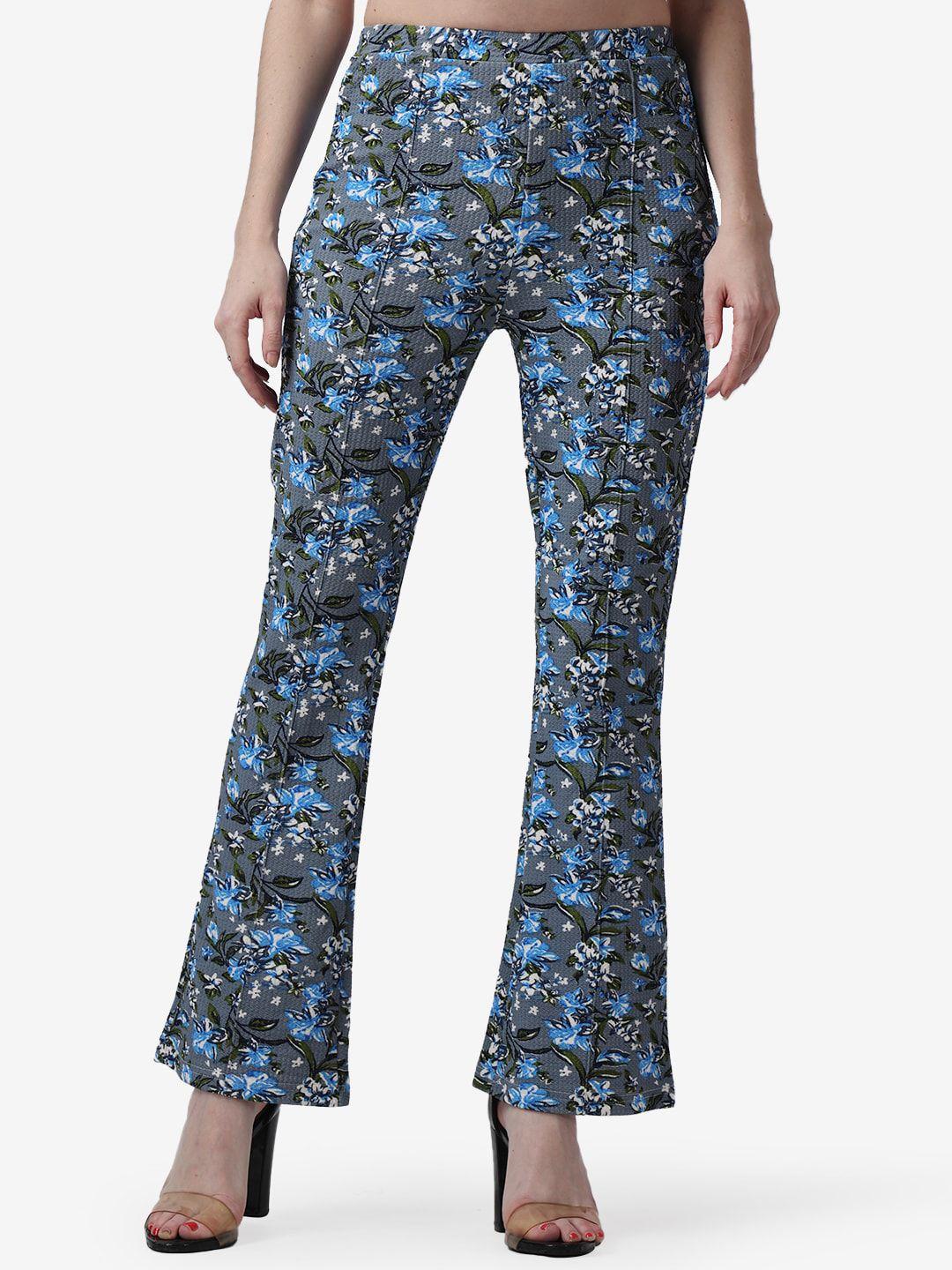 popwings women floral printed smart flared easy wash bootcut trousers