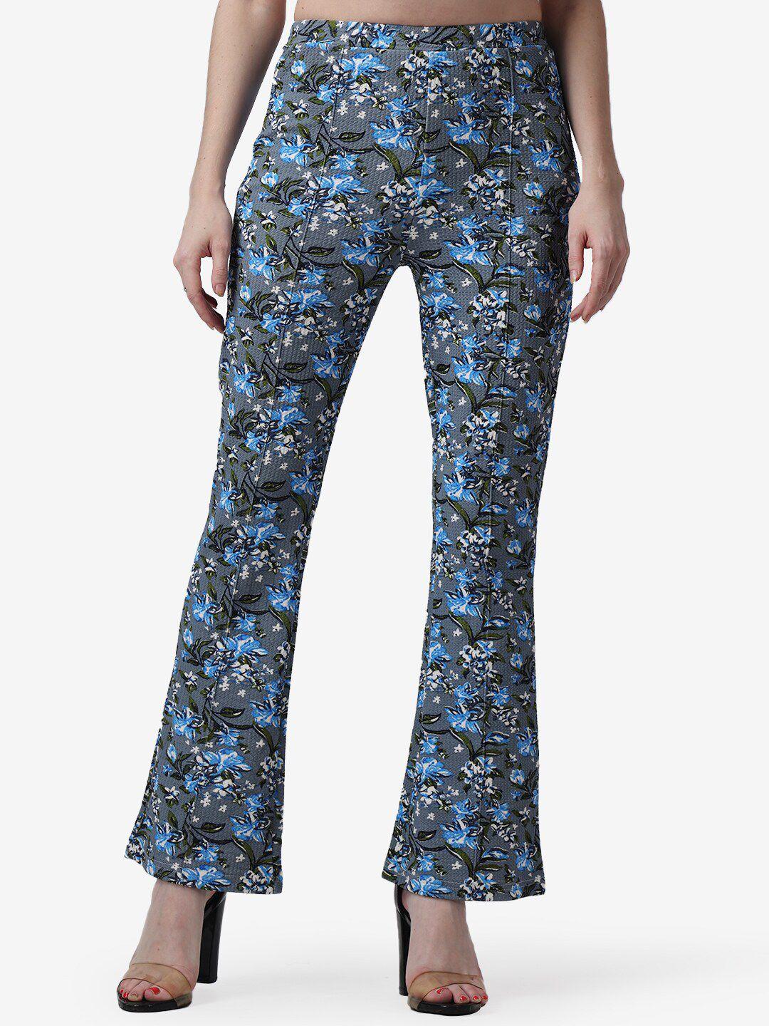 popwings women grey floral printed smart flared easy wash trousers