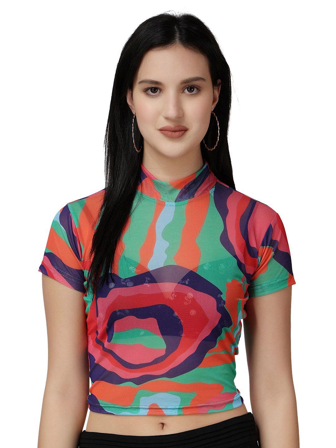 popwings abstract printed high neck semi sheer knitted fitted crop top