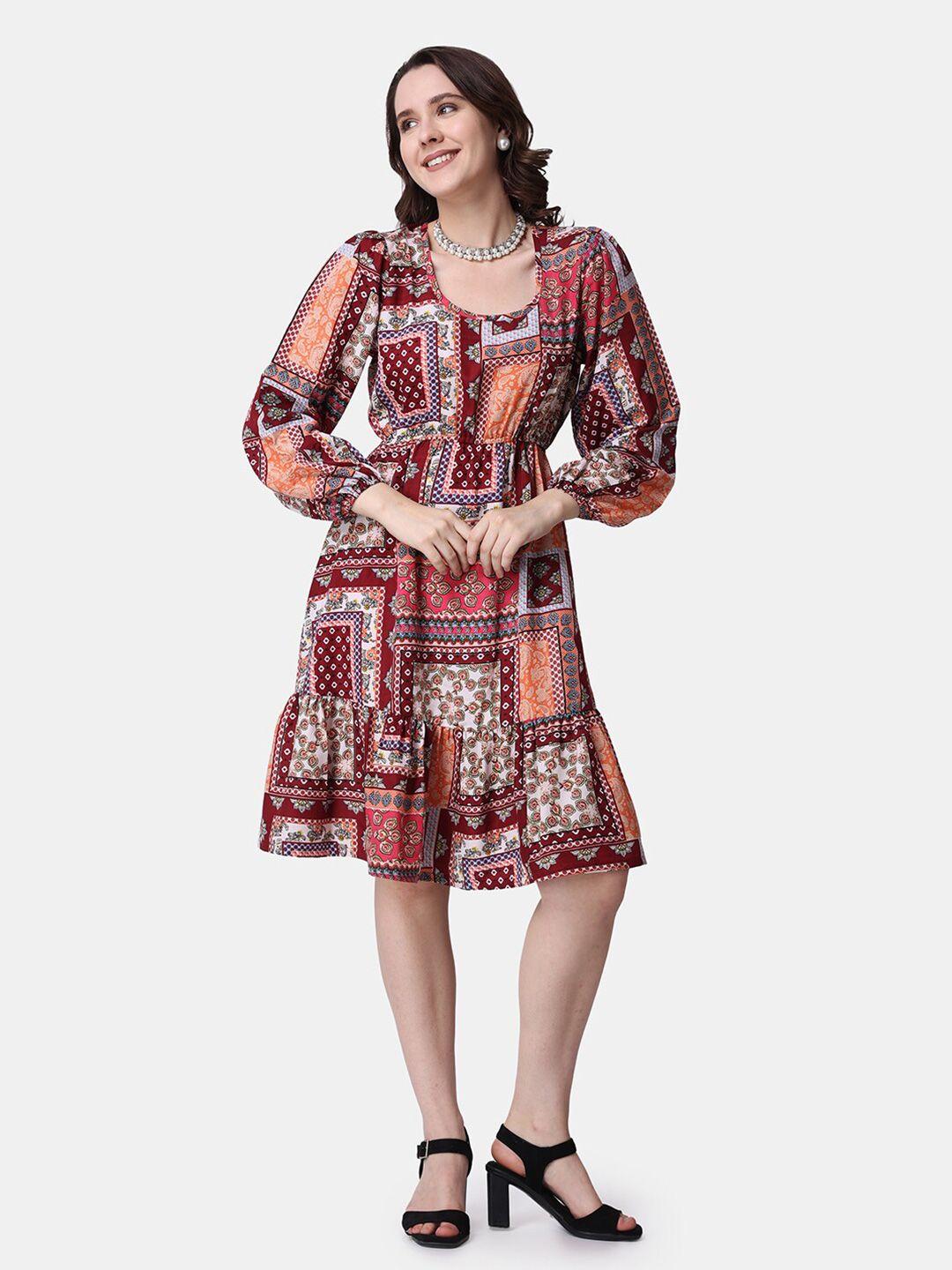 popwings bohemian printed round neck puff sleeves fit & flare dress