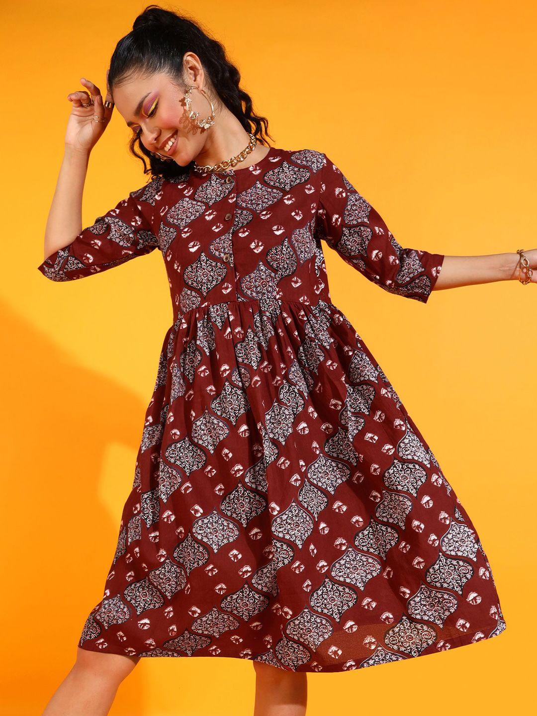 popwings ethnic motifs print pleated fit & flare cotton midi dress