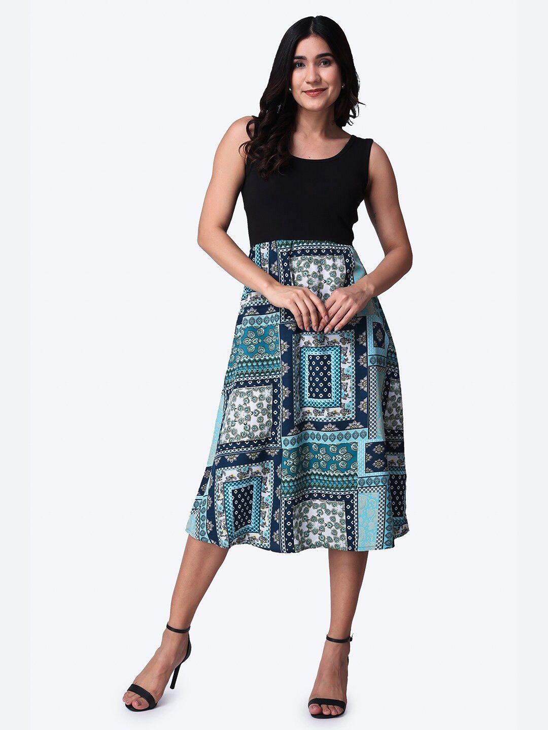 popwings ethnic motifs printed midi fit & flare dress