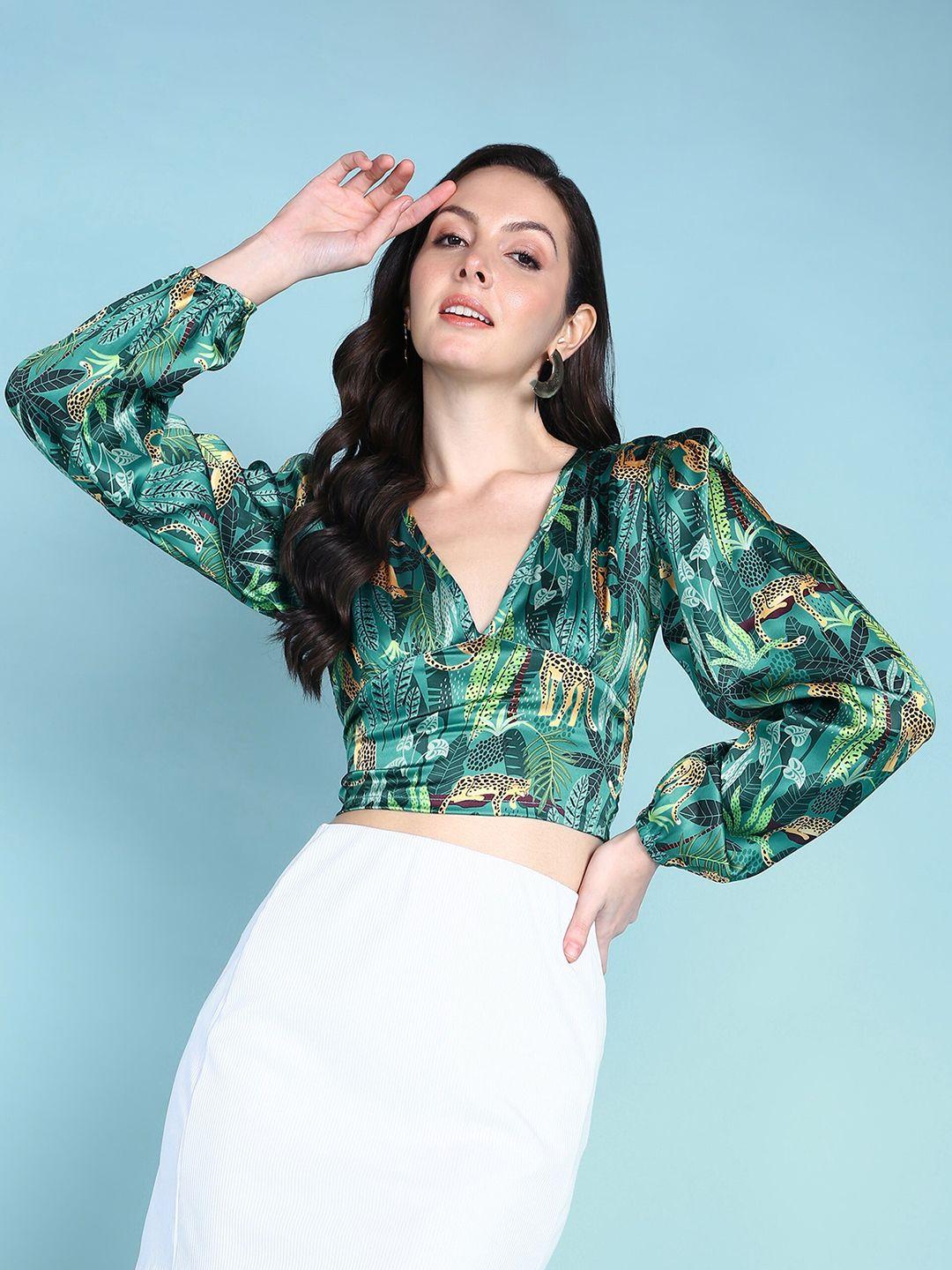 popwings floral printed satin smocking crop top