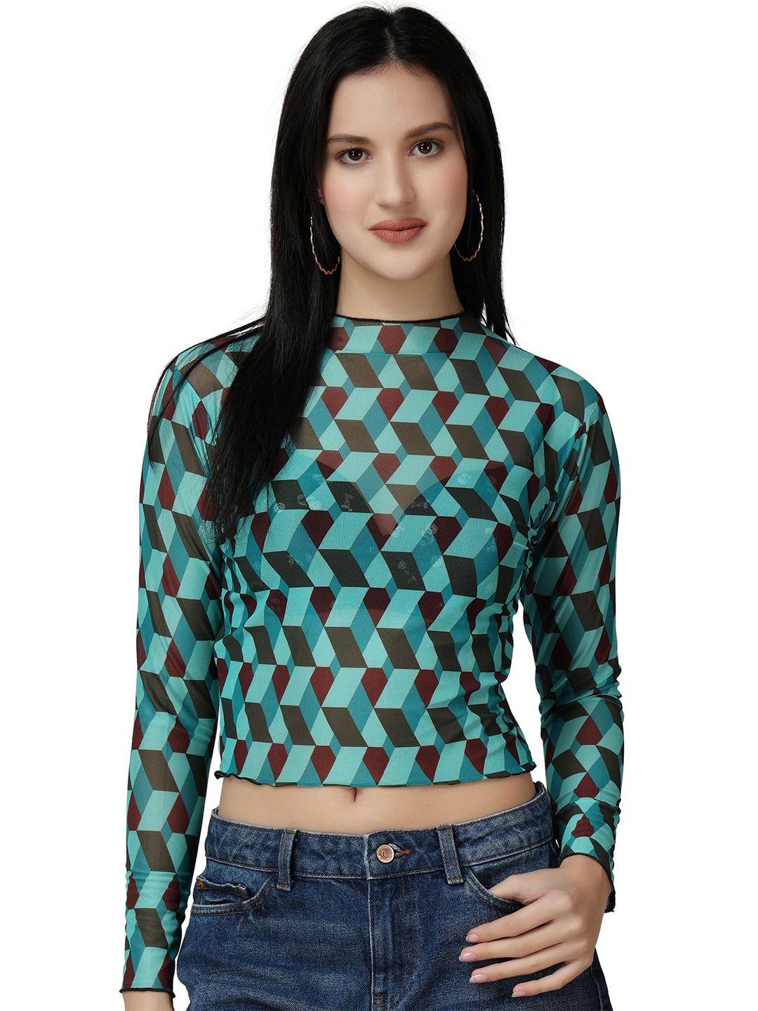 popwings geometric printed high neck knitted crop top