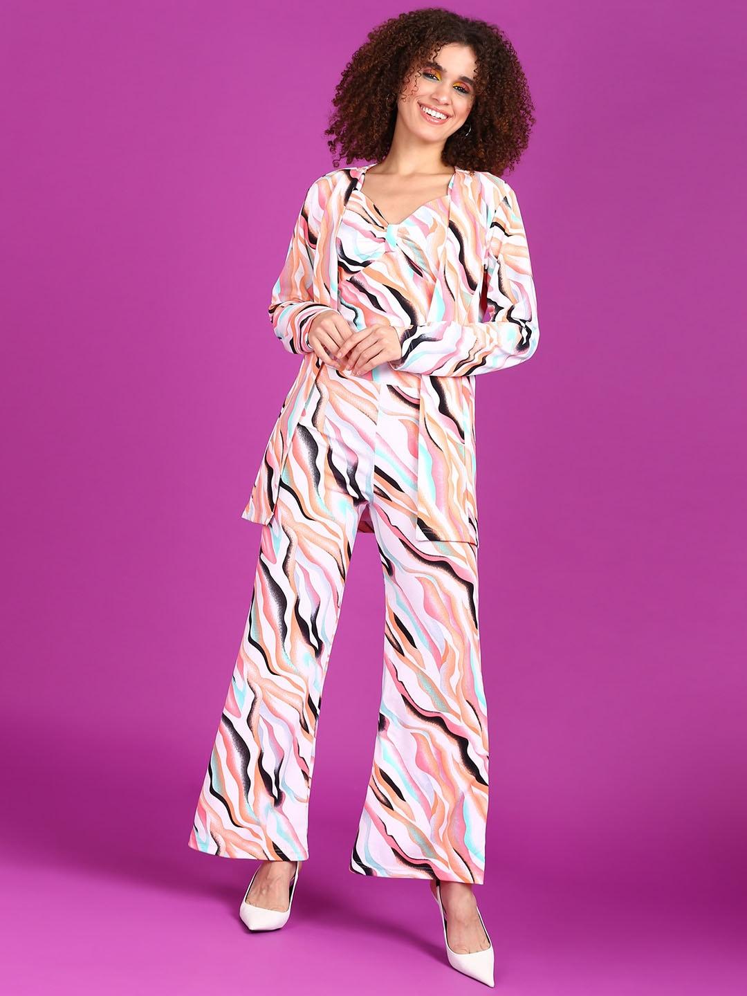 popwings printed crop top with bootcut trousers & shrug co-ords