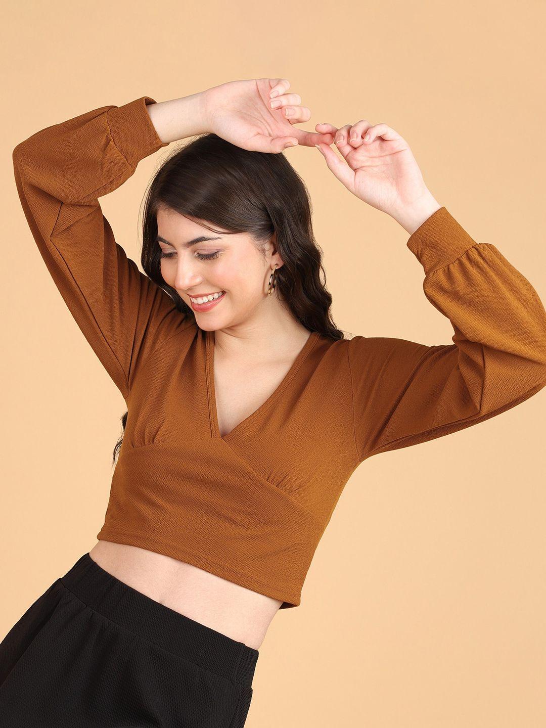 popwings rust v neck full sleeve crop wrap top