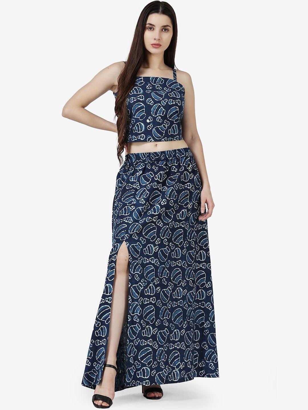 popwings women blue bagru printed cotton crop top & skirt