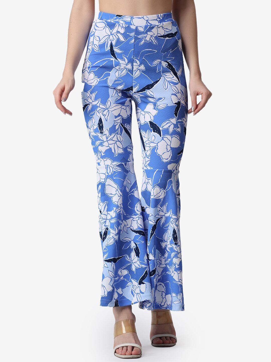 popwings women blue floral printed smart flared high-rise wrinkle free trousers