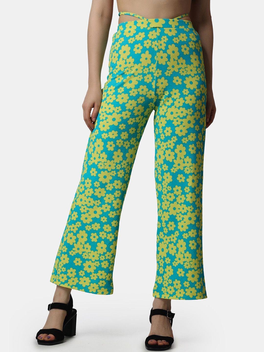 popwings women smart floral printed high-rise easy wash trousers