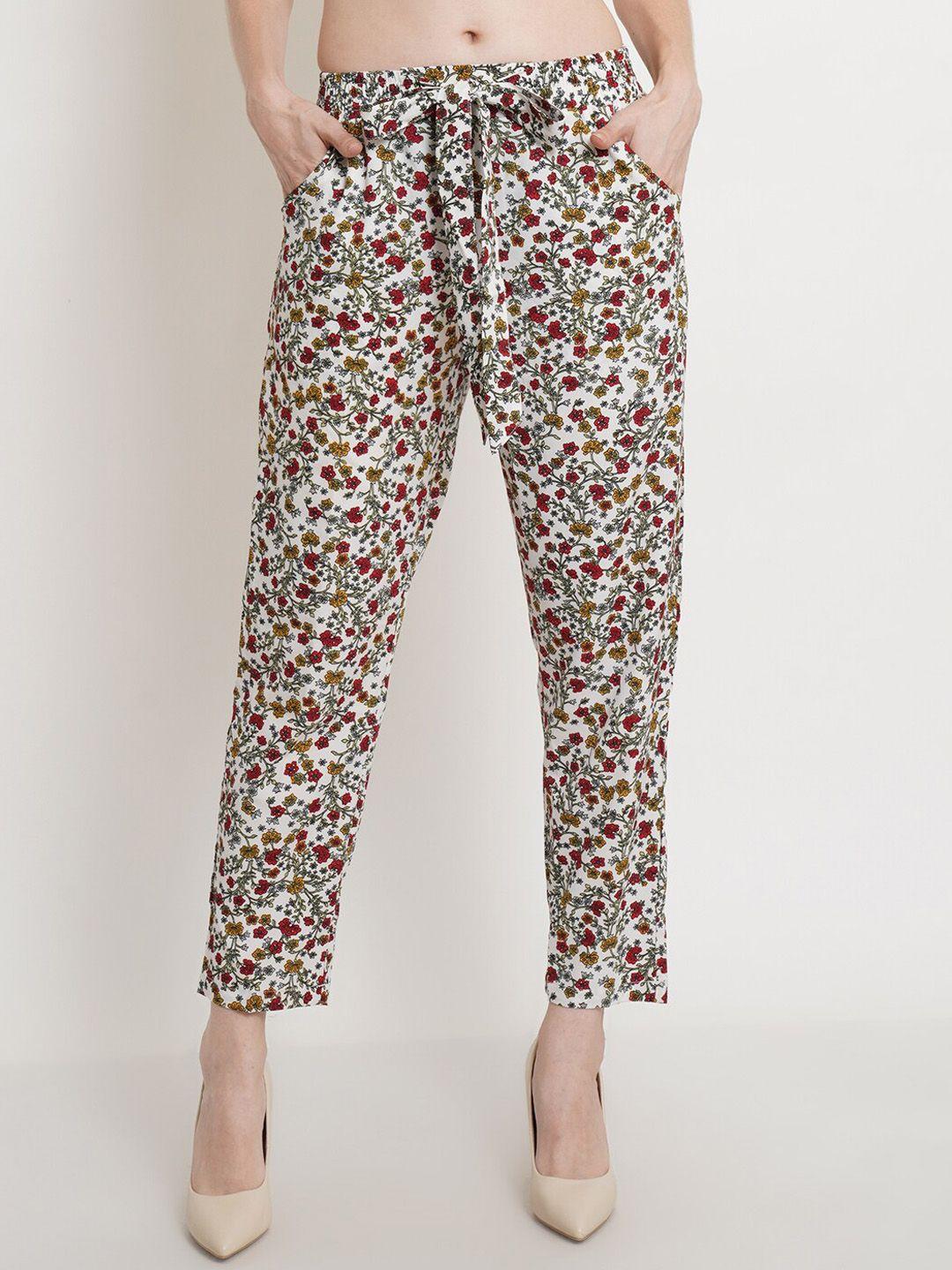 popwings women white floral printed relaxed easy wash trousers