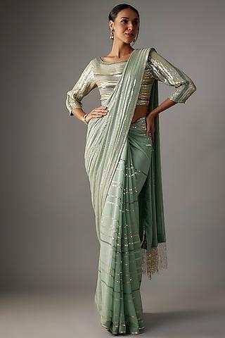 porcelain blue chiffon sequins embroidered saree set