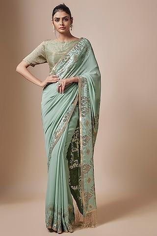 porcelain blue chiffon sequins embroidered striped saree set