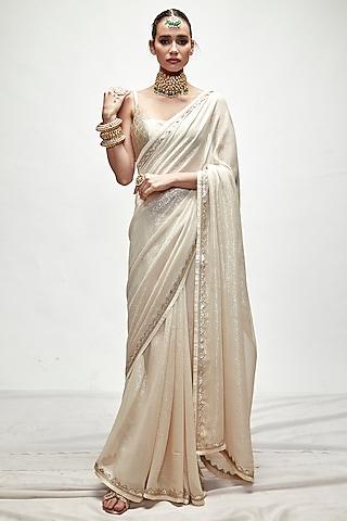 porcelain cream silk georgette metallic saree set