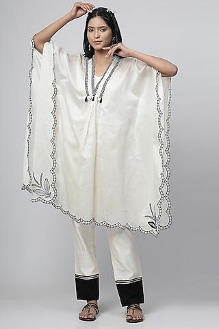 porcelain white chanderi silk applique embroidered kaftan tunic set