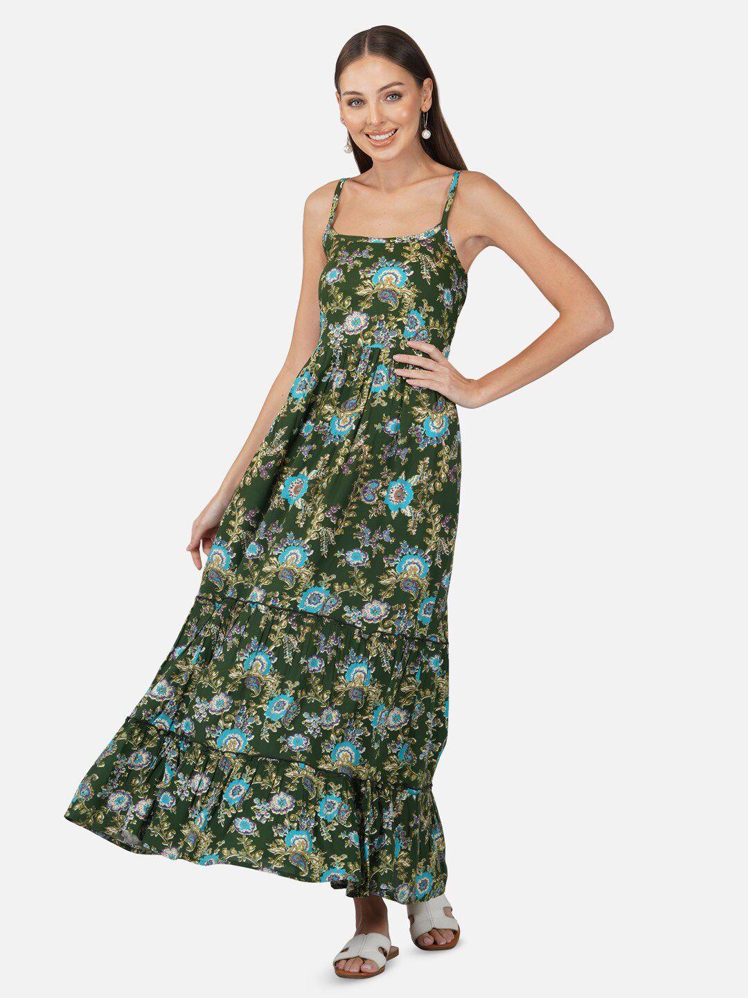 porsorte floral printed shoulder straps tiered fit & flare maxi dress
