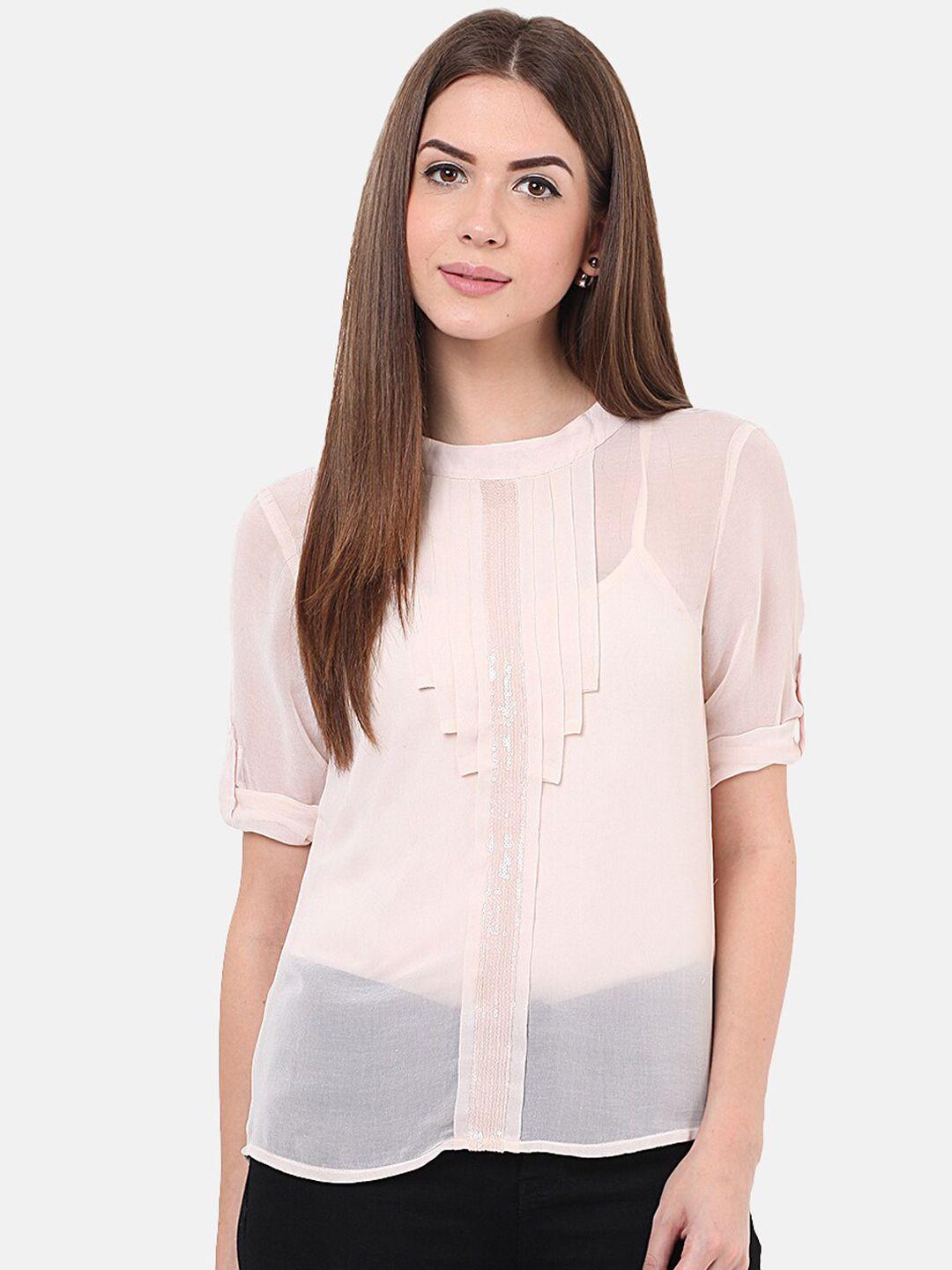 porsorte women pink regular fit solid sequin detail sheer casual shirt