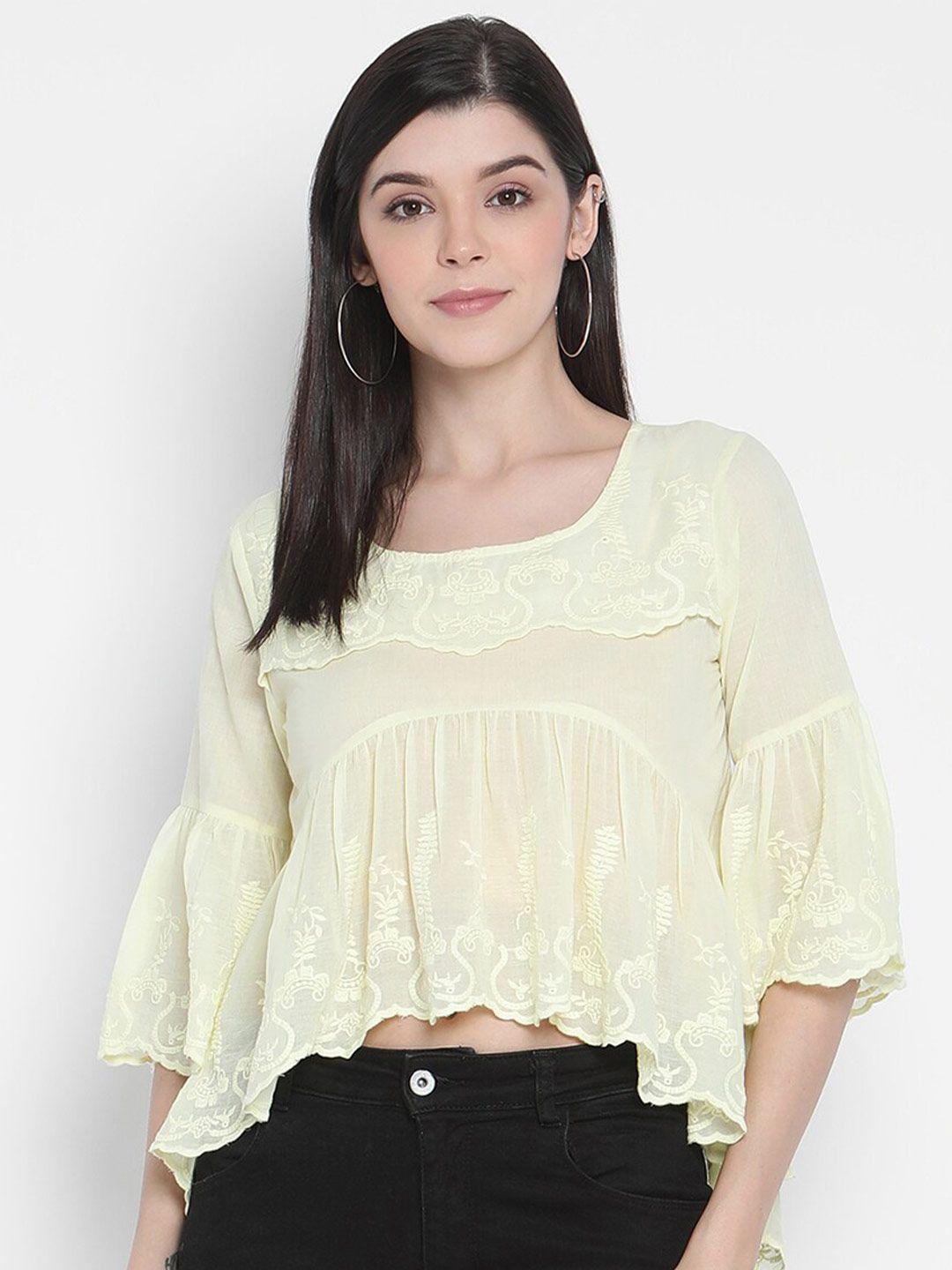 porsorte ethnic motifs embroidered bell sleeves cotton pure crop top
