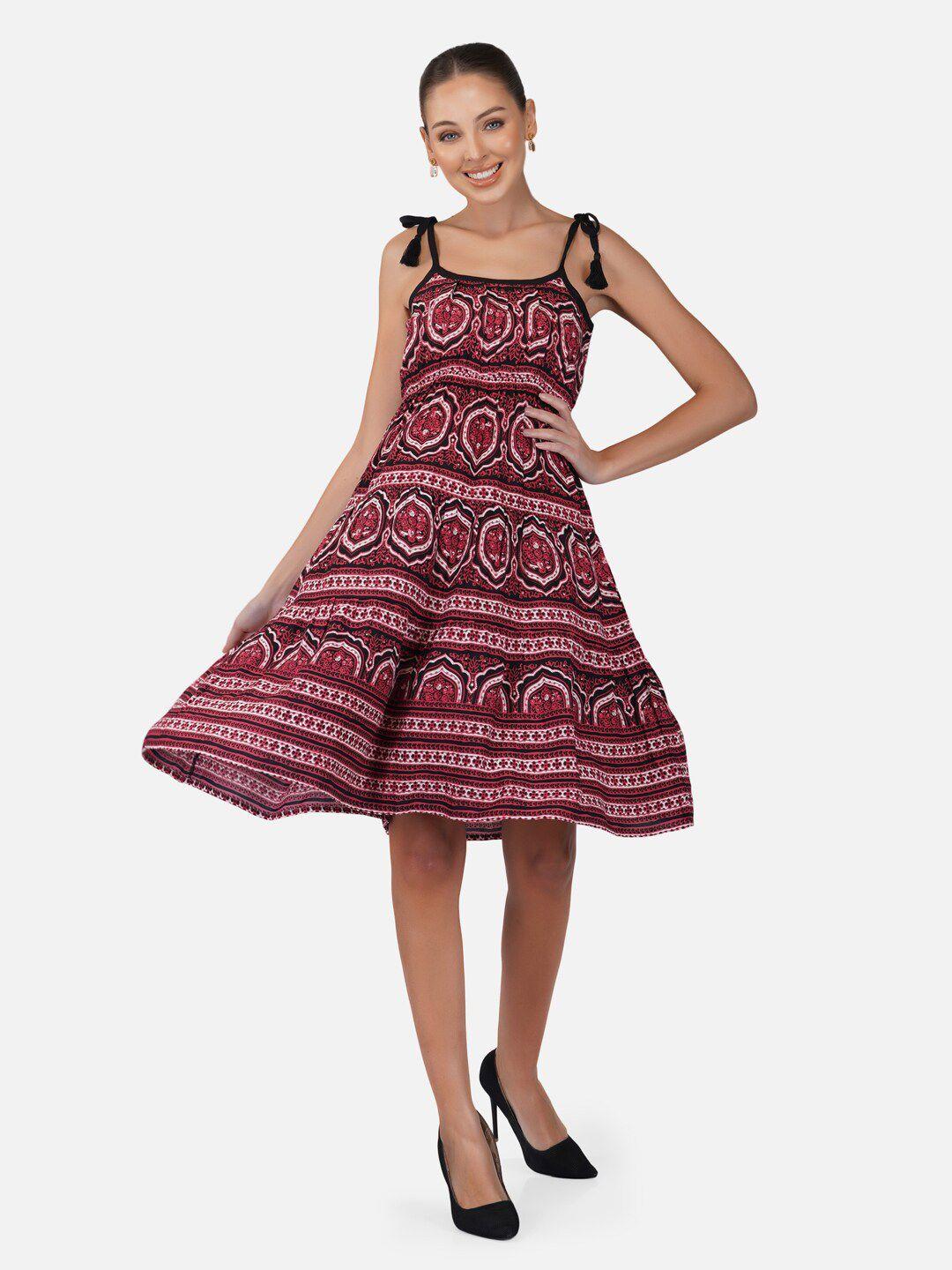 porsorte tribal printed shoulder straps tie-ups detail a-line dress