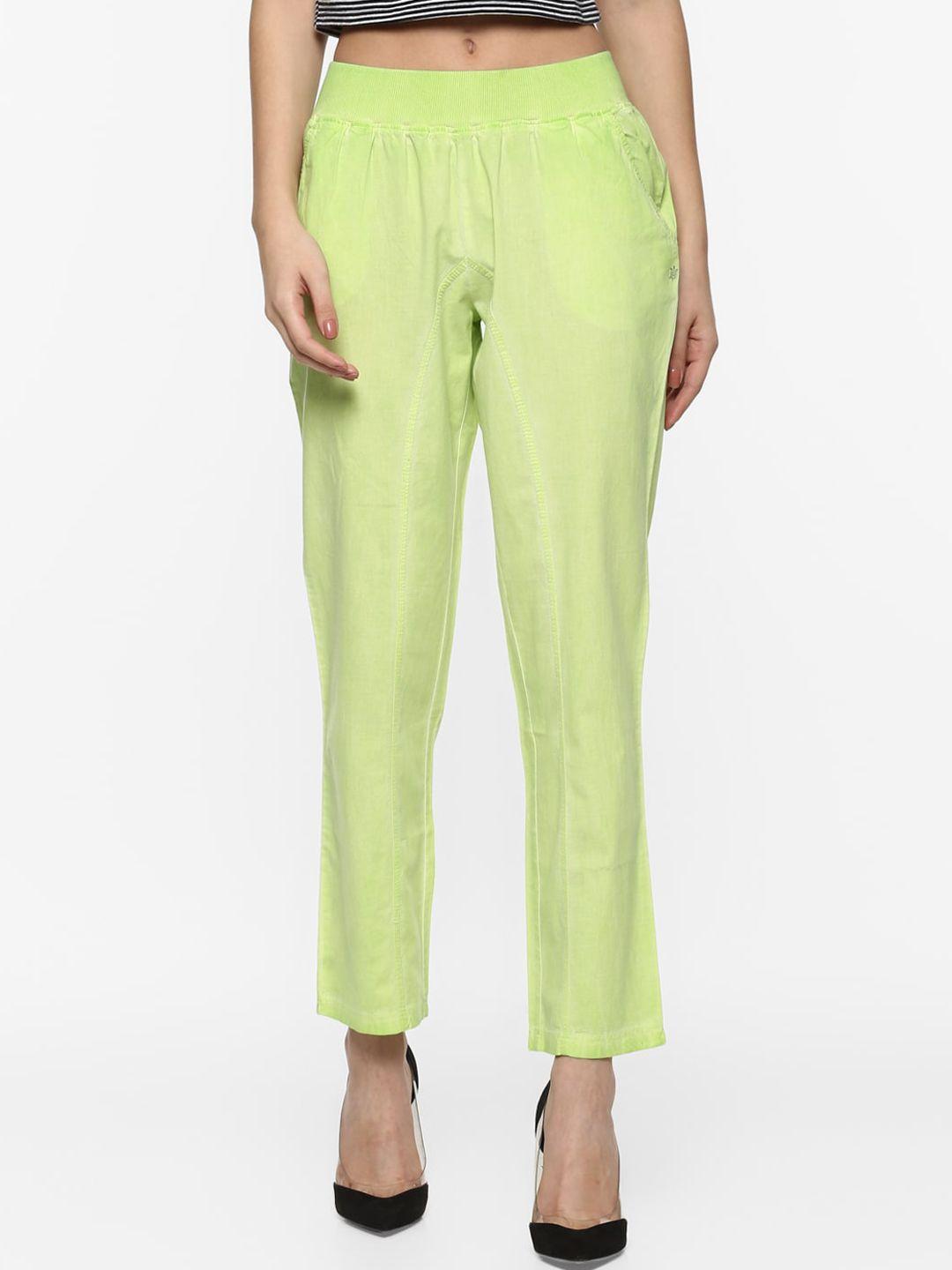 porsorte women fluorescent green solid  tapered fit mid rise ankle length casual trousers