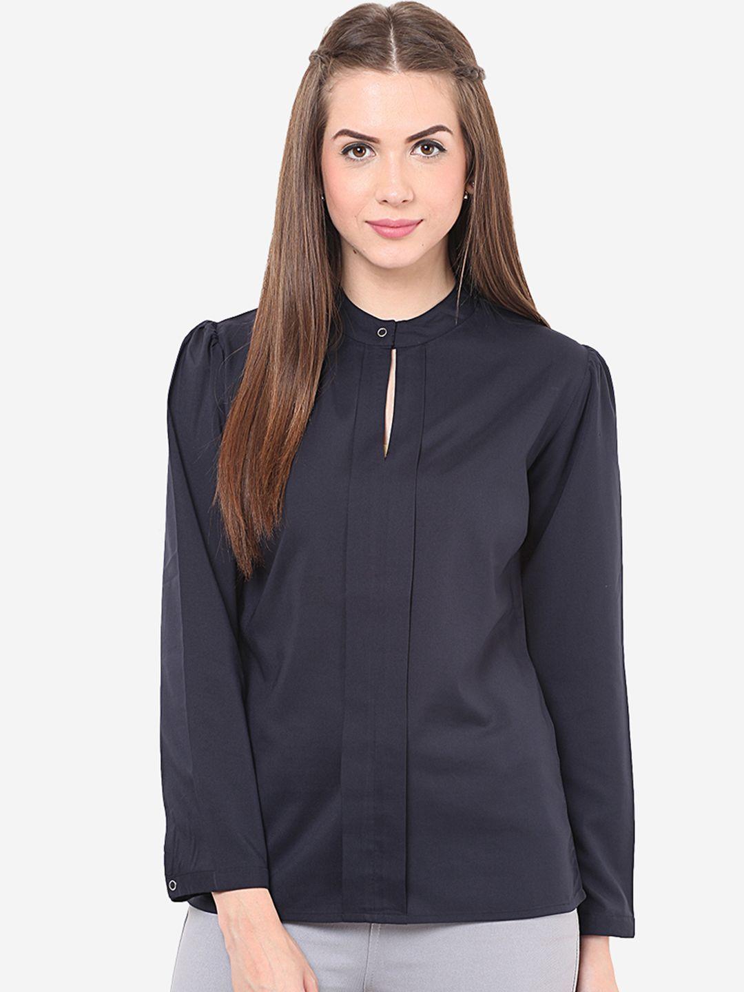 porsorte women navy blue regular fit solid formal shirt