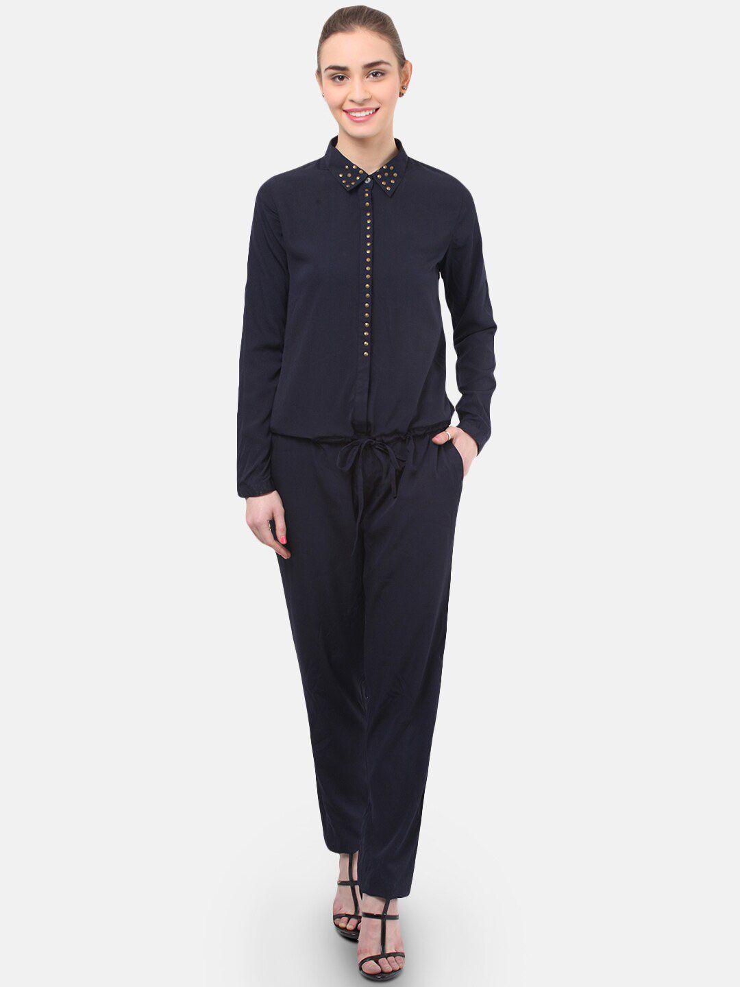 porsorte women navy blue self-design basic jumpsuit