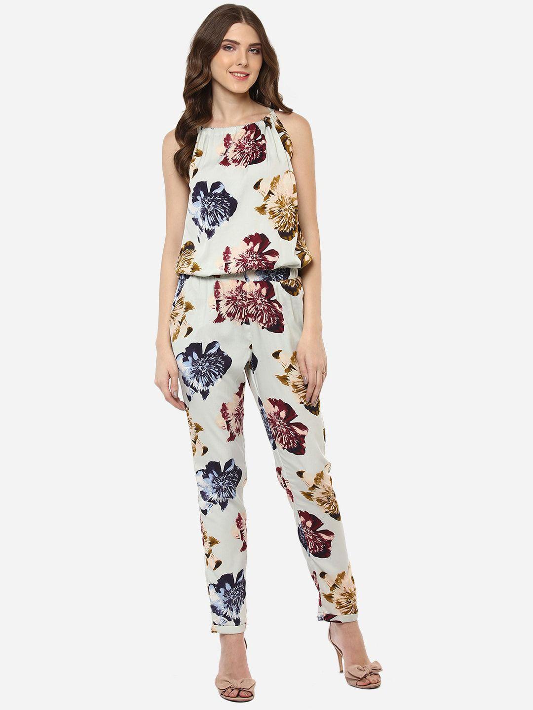 porsorte women sea green & maroon floral printed basic jumpsuit