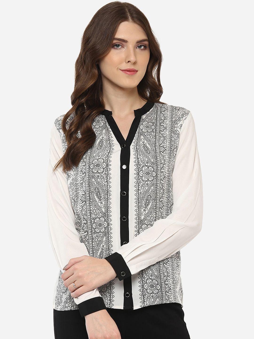 porsorte women white & black regular fit printed casual shirt